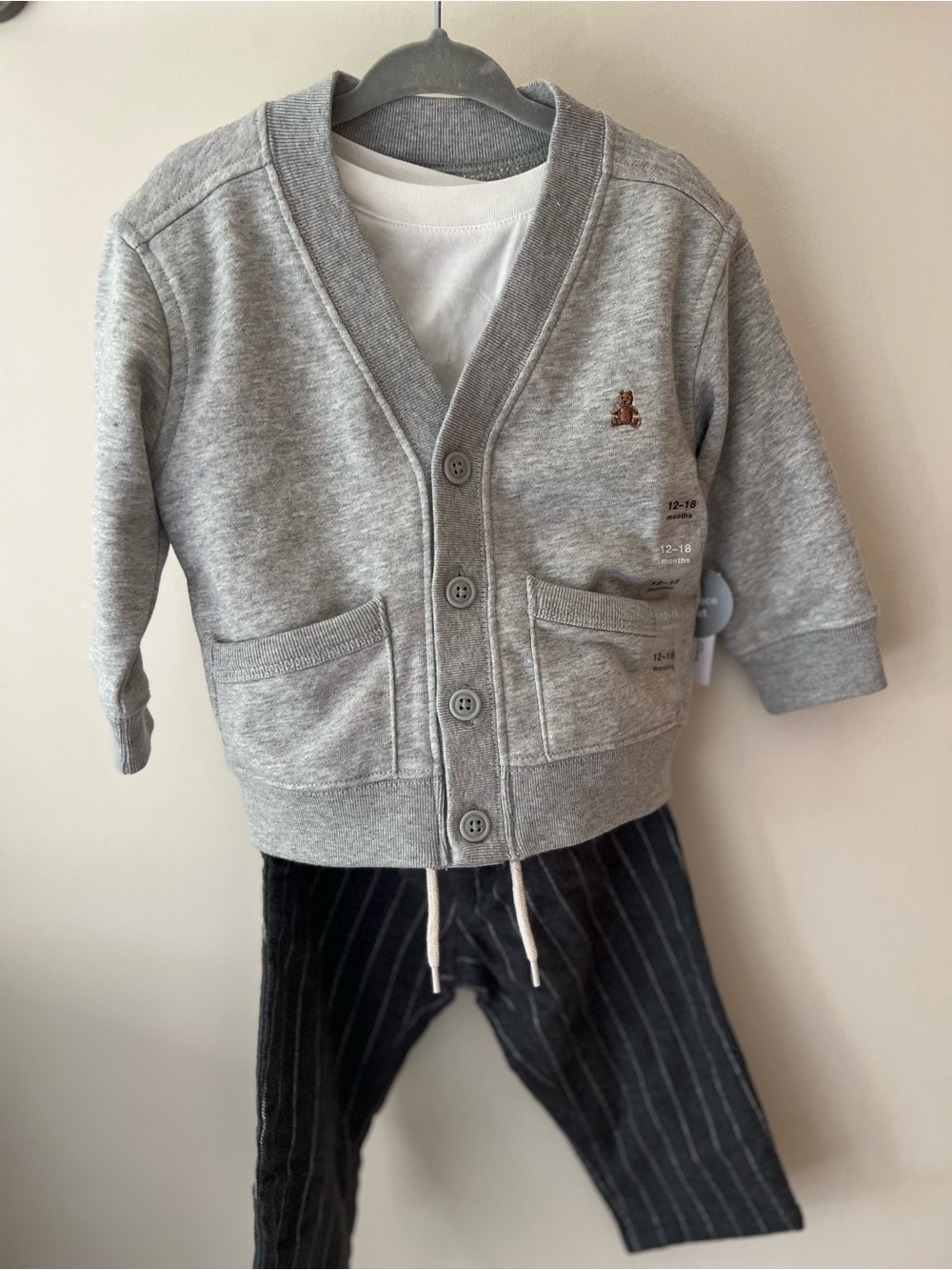 GAP Grey Cardigan with Black Pinstripe Pants